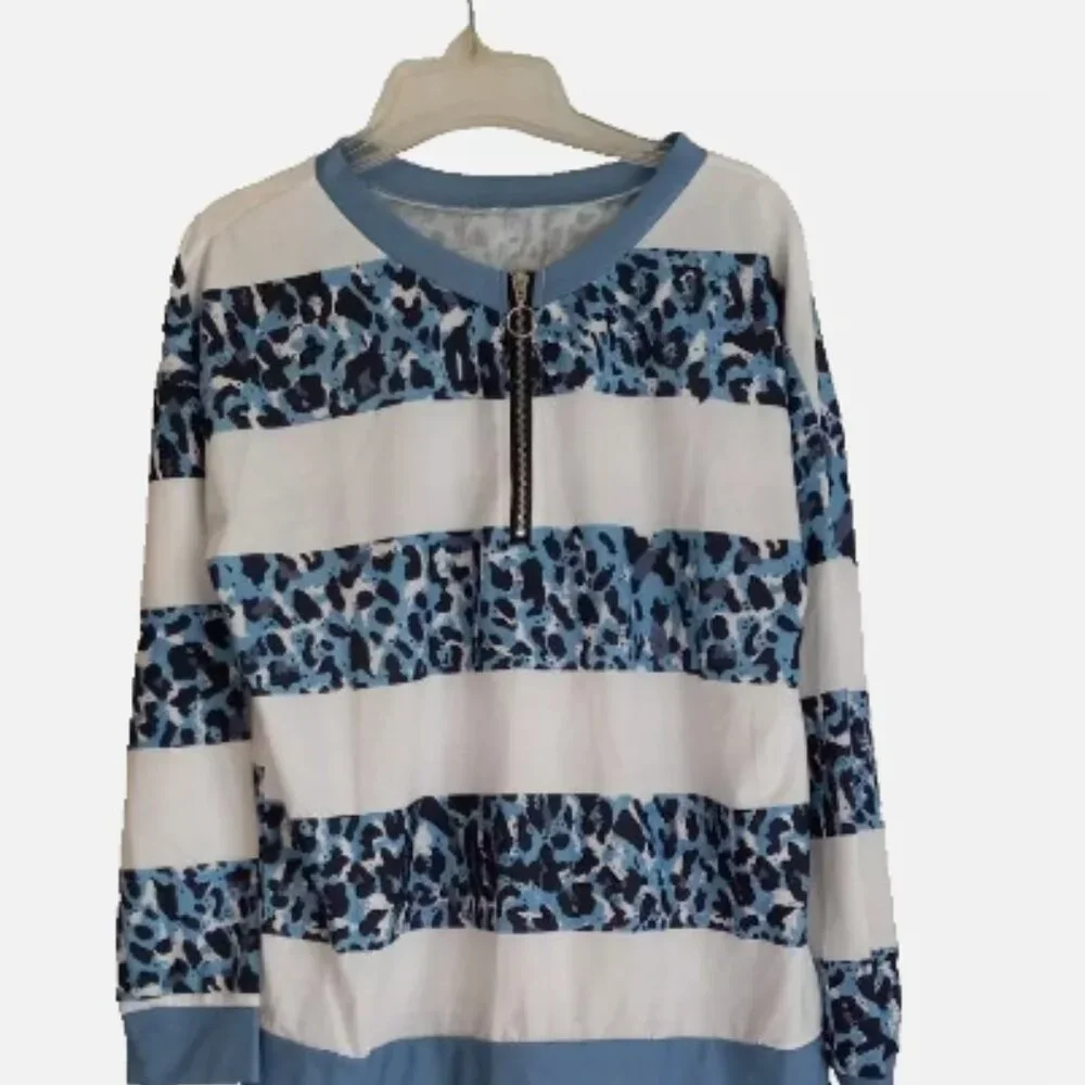 Long Sleeve T-shirt  Sz L  NEW Crew Neck Casual Blouse 1/4 zip blue/white Women - Picture 10 of 13